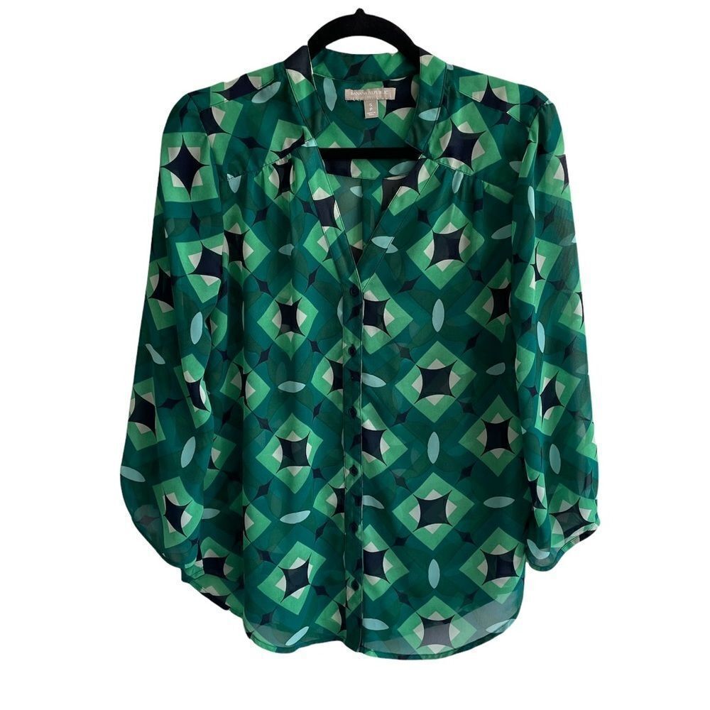 BANANA REPUBLIC Green Geometric Print Button Front Blouse Size Small